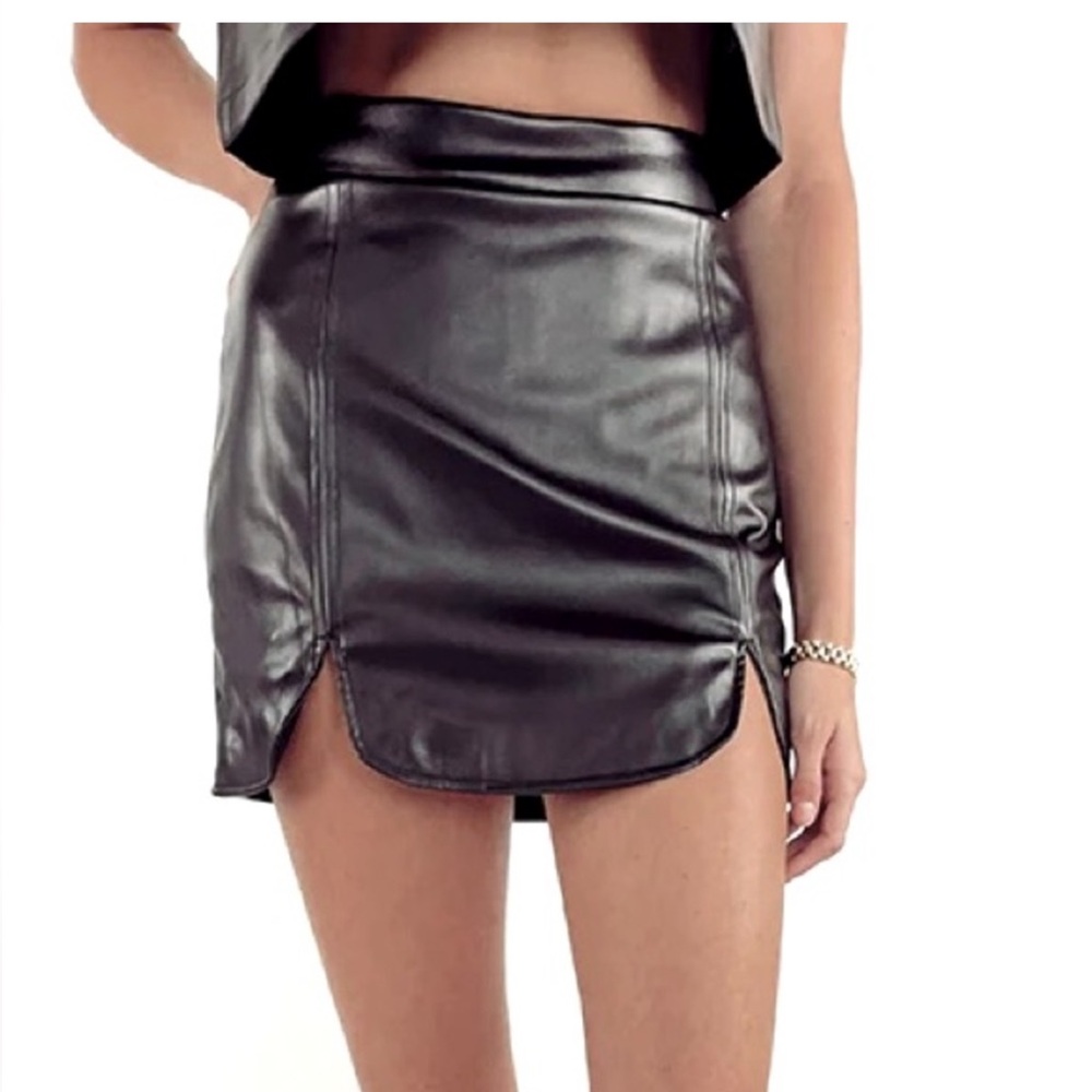 Buddy Love Black Leather Mini Skirt with Subtle Front Slits